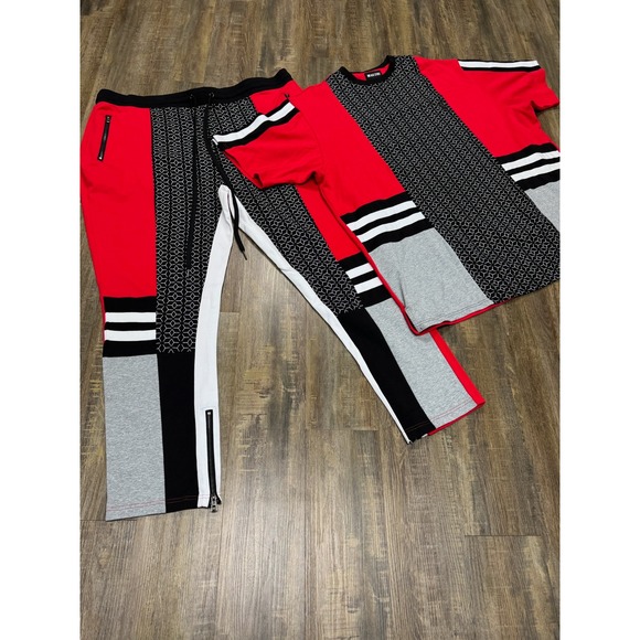 Makobi Mens Red Colorblock Geometric Tracksuit Set 2 Piece Shirt Pants 4XB NWT - Picture 2 of 16